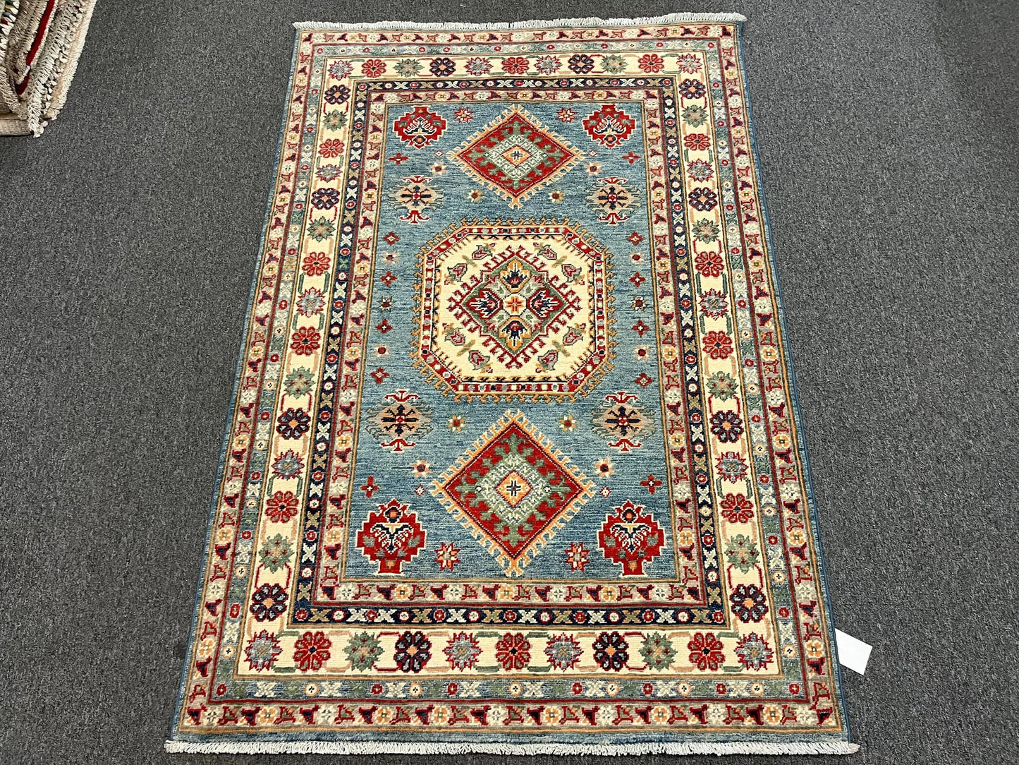 Kazak Light Blue Geometric 4X6 Handmade Wool Rug # 12985