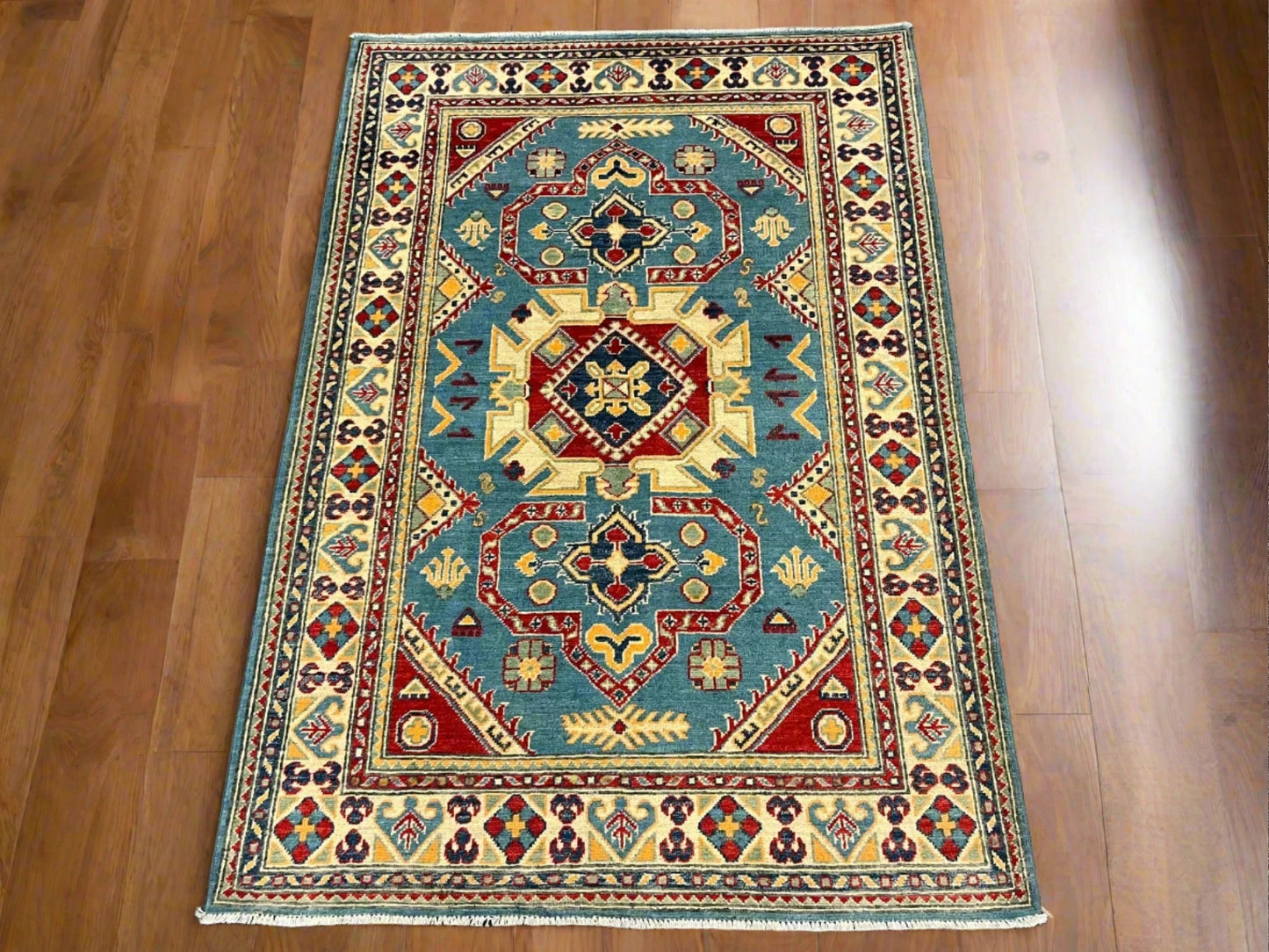 Kazak Light Blue Geometric 4X6 Handmade Wool Rug # 12986