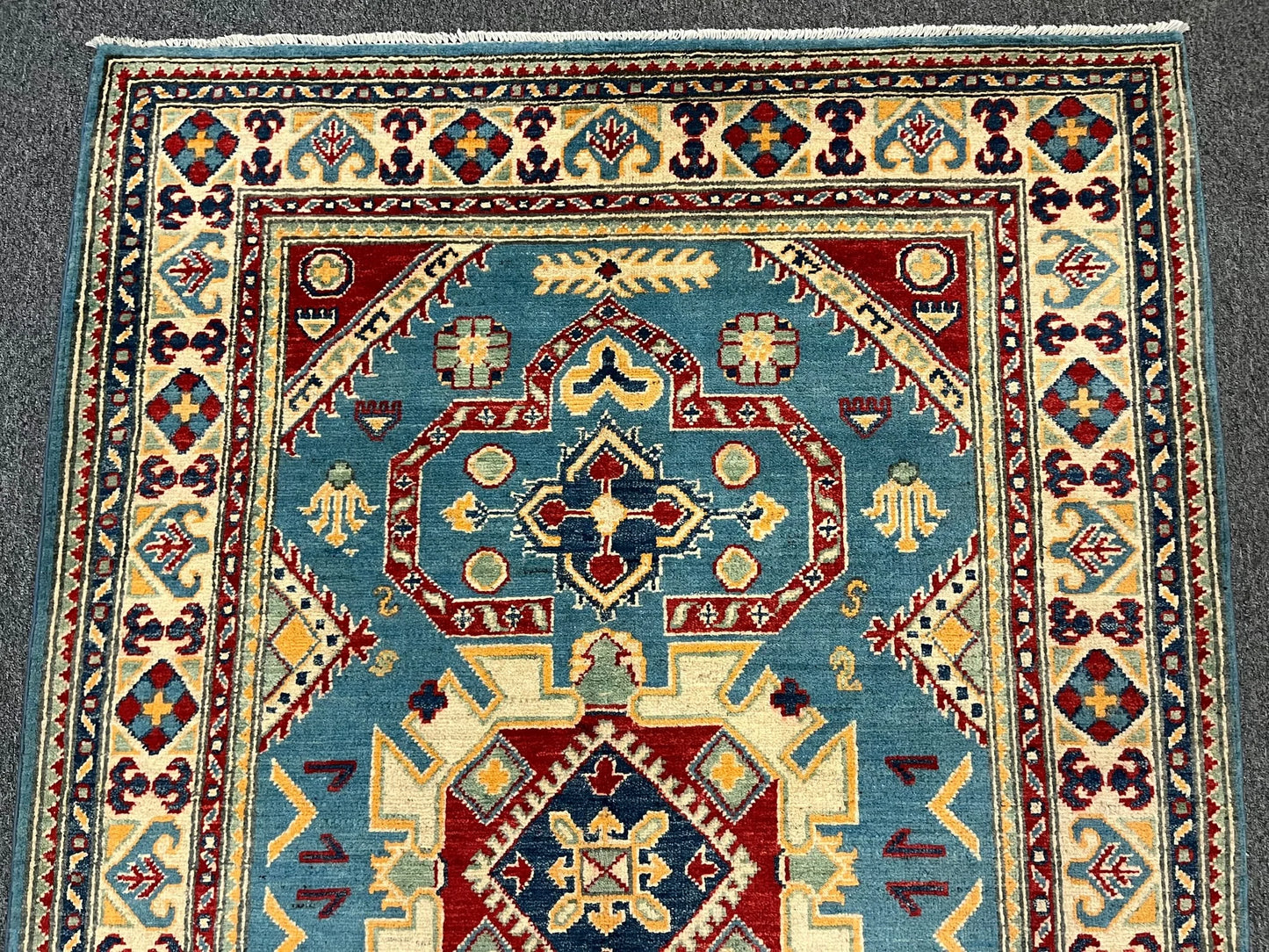 Kazak Light Blue Geometric 4X6 Handmade Wool Rug # 12986