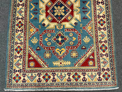 Kazak Light Blue Geometric 4X6 Handmade Wool Rug # 12986