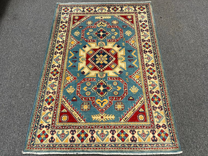 Kazak Light Blue Geometric 4X6 Handmade Wool Rug # 12986