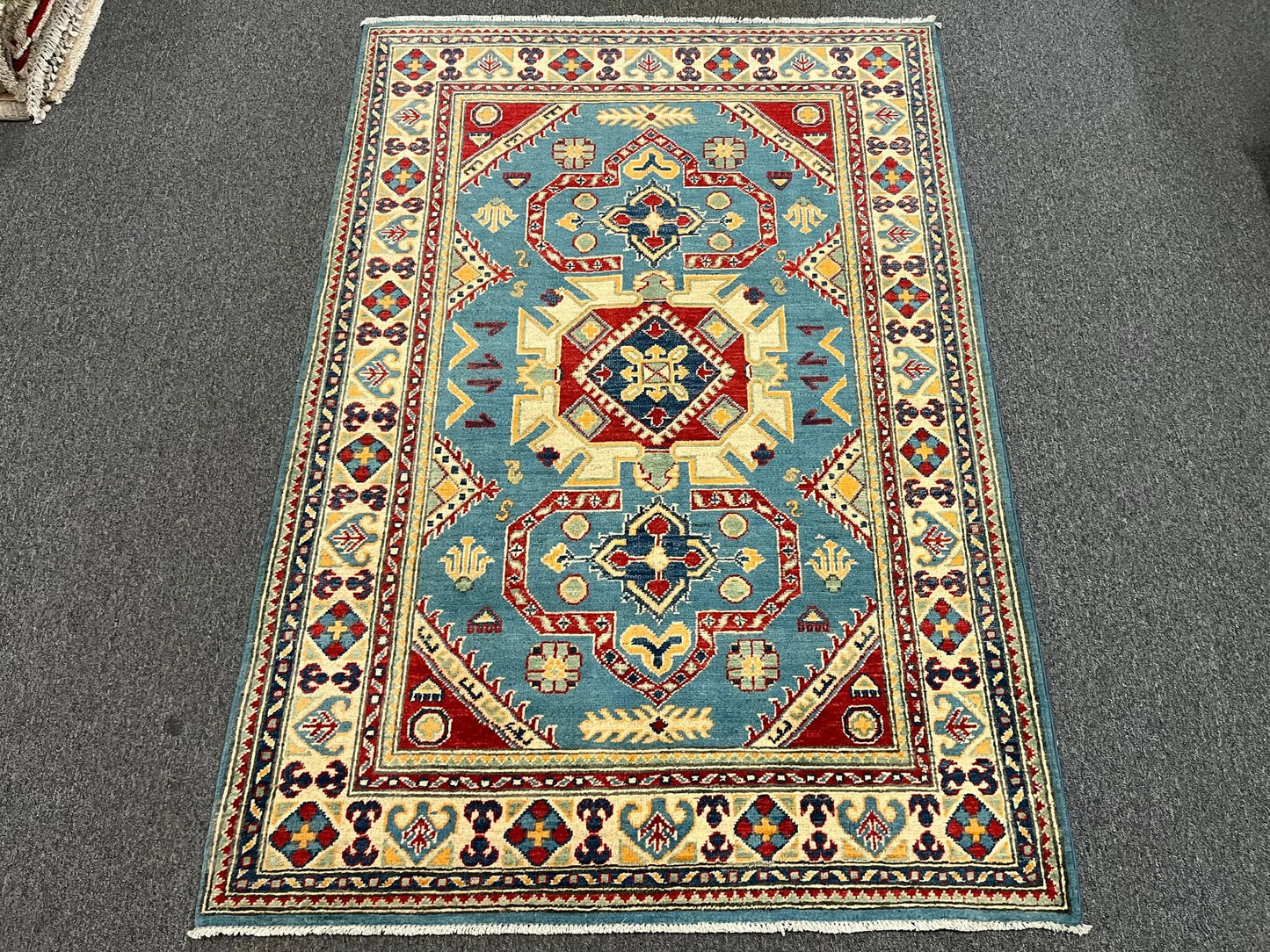 Kazak Light Blue Geometric 4X6 Handmade Wool Rug # 12986