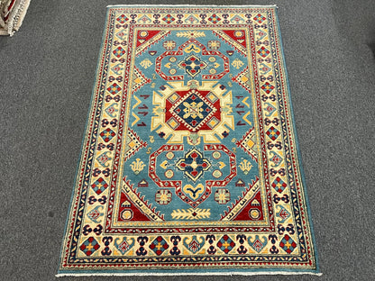 Kazak Light Blue Geometric 4X6 Handmade Wool Rug # 12986