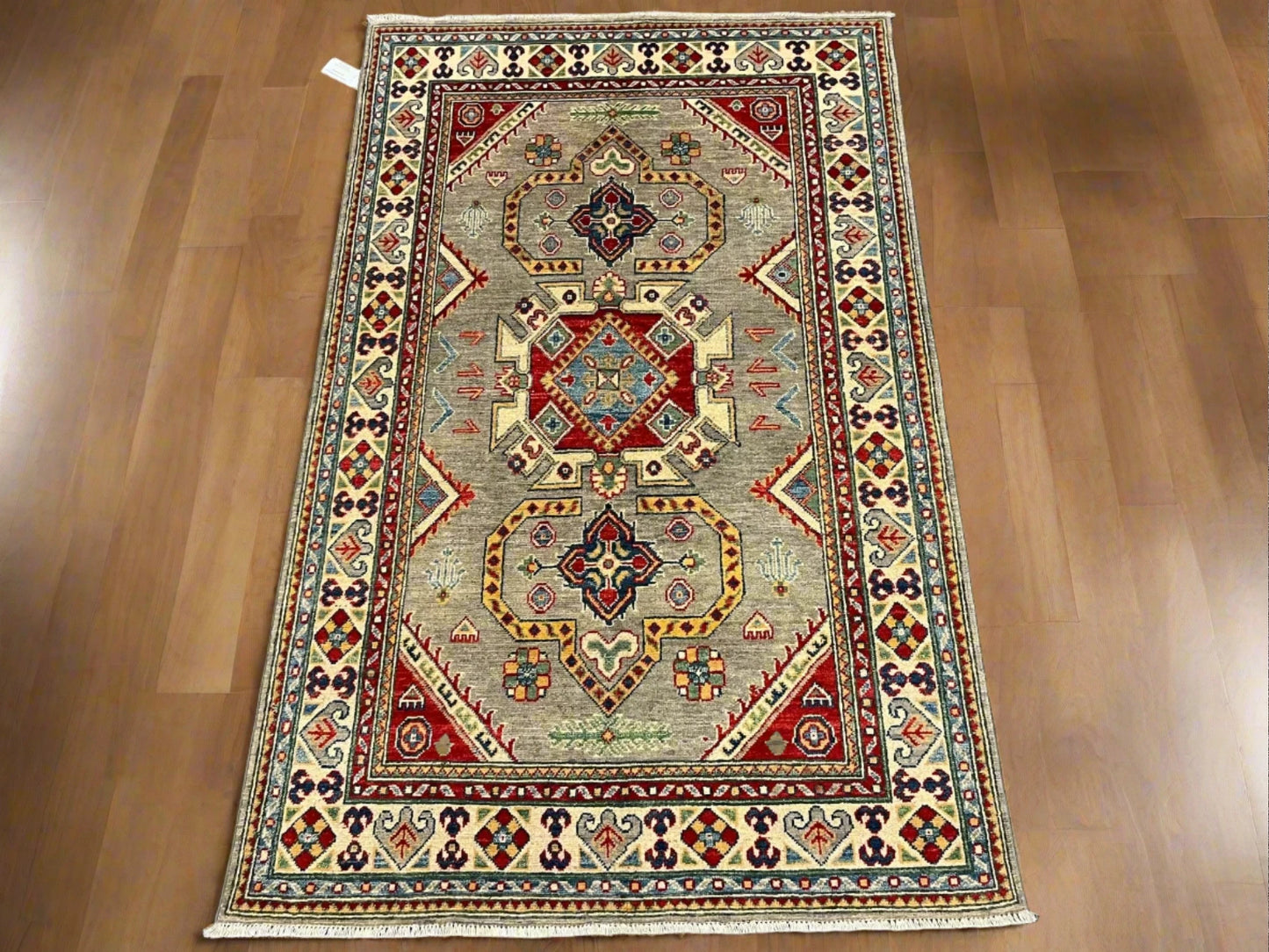 Kazak Gray/Brown Geometric 4X6 Handmade Wool Rug # 12987