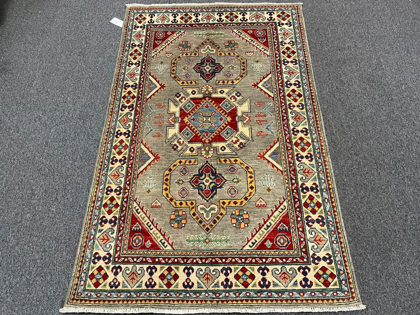 Kazak Gray/Brown Geometric 4X6 Handmade Wool Rug # 12987