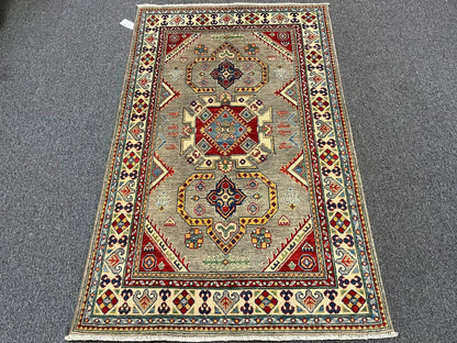 Kazak Gray/Brown Geometric 4X6 Handmade Wool Rug # 12987