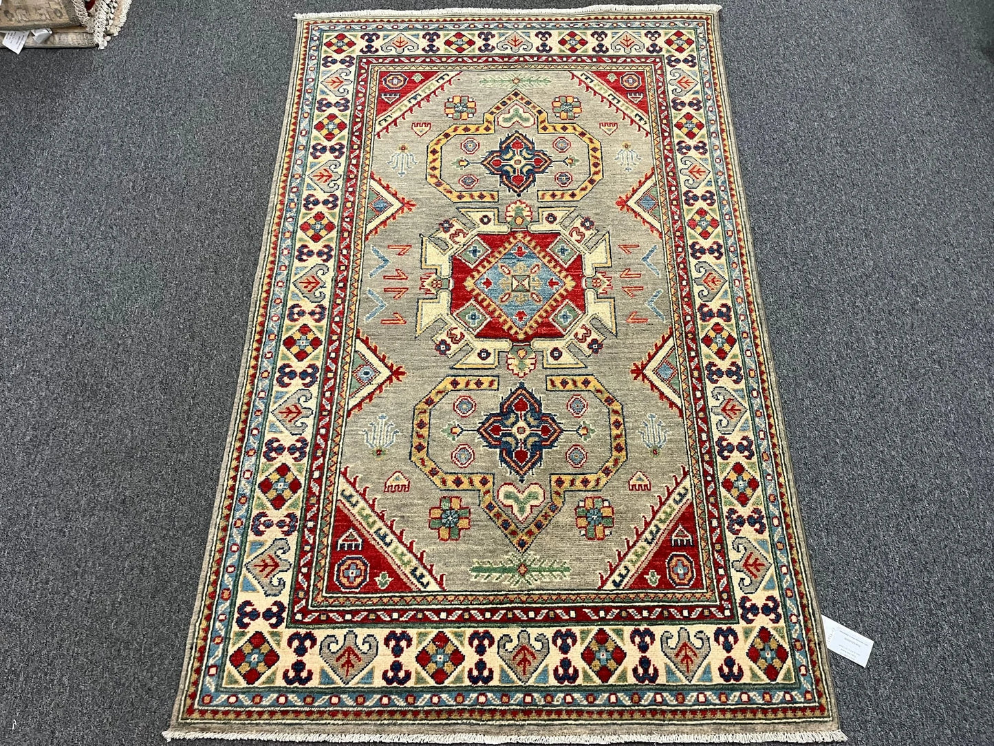 Kazak Gray/Brown Geometric 4X6 Handmade Wool Rug # 12987