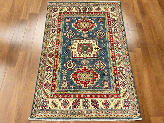 Kazak Light Blue Geometric 4X6 Handmade Wool Rug # 12989