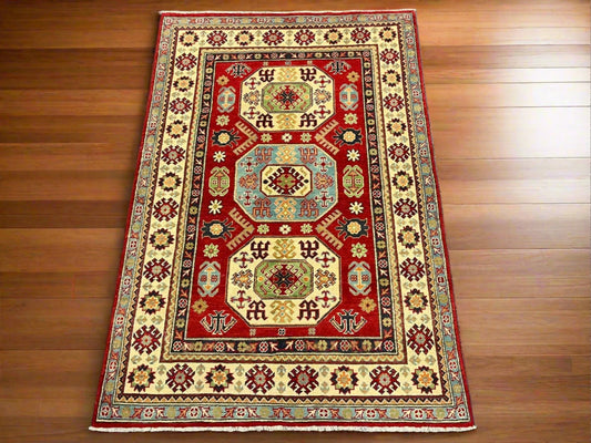 Kazak Red Geometric 4X6 Handmade Wool Rug # 12992