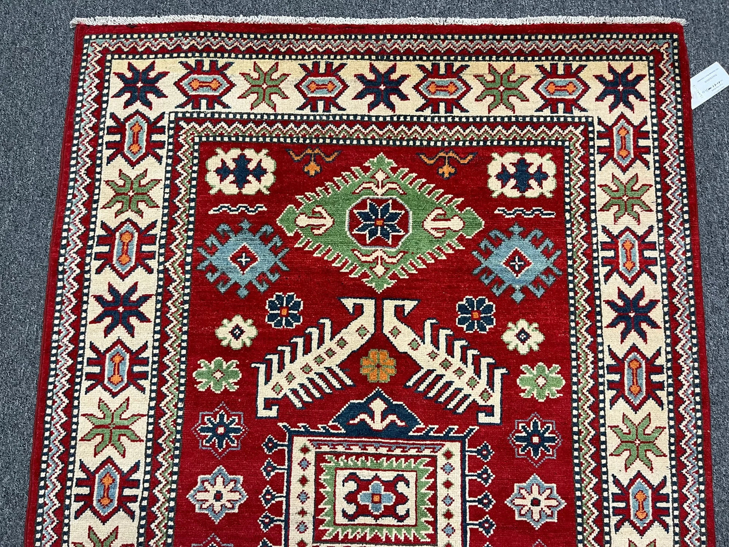 Kazak Red Geometric 4X6 Handmade Wool Rug # 12991