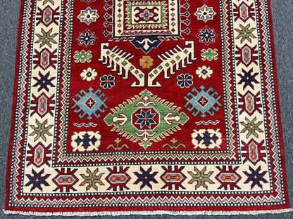 Kazak Red Geometric 4X6 Handmade Wool Rug # 12991