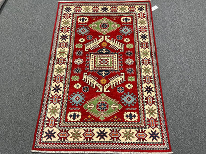 Kazak Red Geometric 4X6 Handmade Wool Rug # 12991