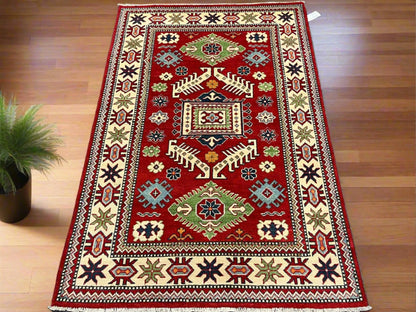 Kazak Red Geometric 4X6 Handmade Wool Rug # 12991