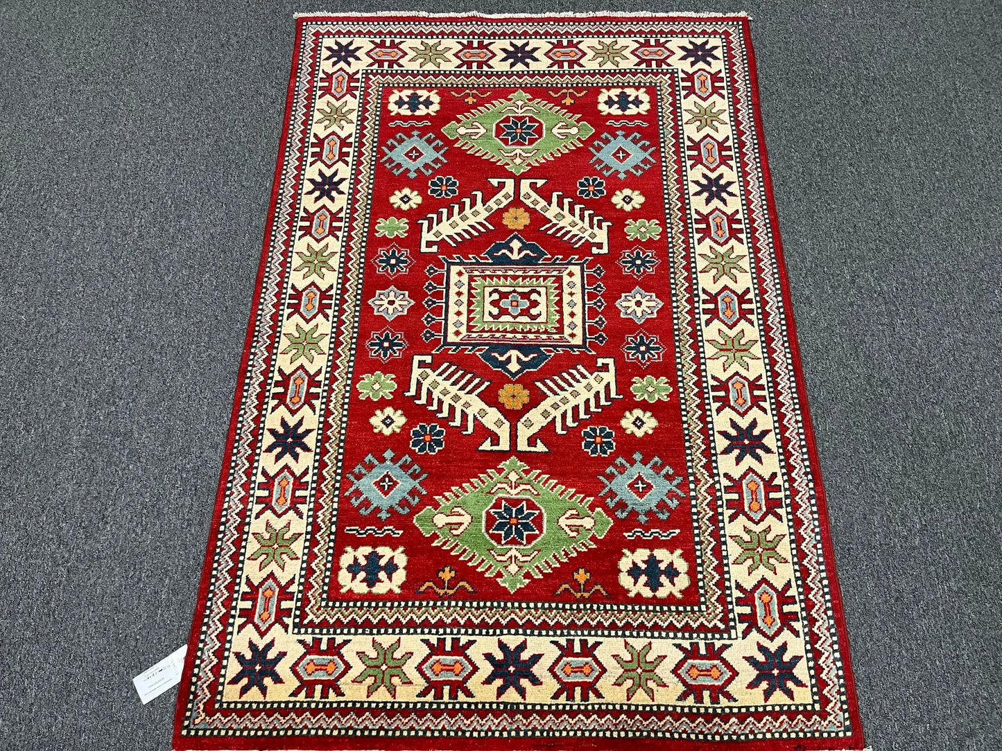 Kazak Red Geometric 4X6 Handmade Wool Rug # 12991