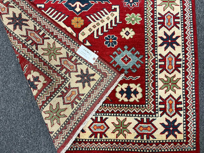 Kazak Red Geometric 4X6 Handmade Wool Rug # 12991