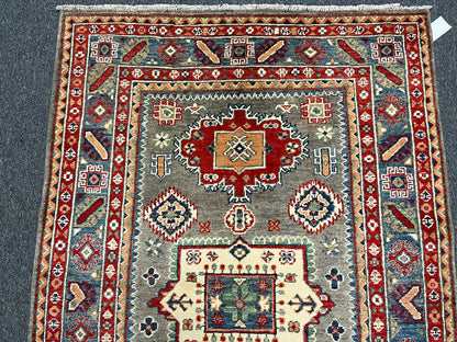 4X6 Kazak Brown/Blue Geometric Handmade Wool Rug # 12990