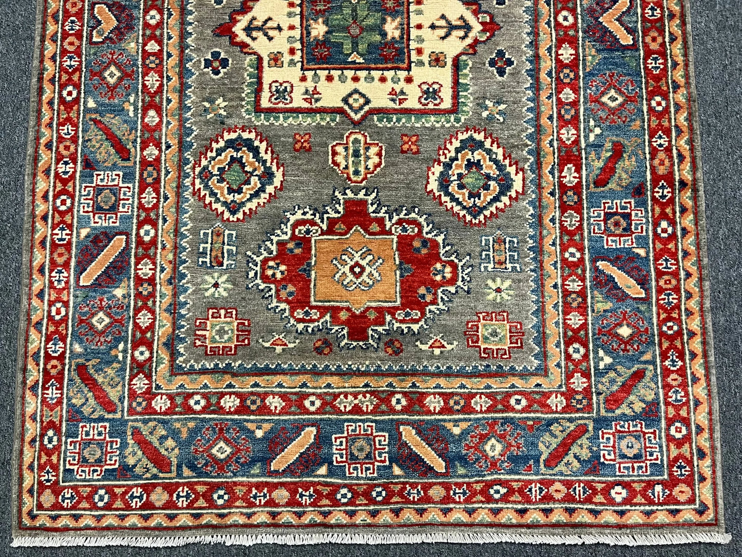 4X6 Kazak Brown/Blue Geometric Handmade Wool Rug # 12990