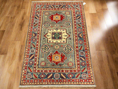 4X6 Kazak Brown/Blue Geometric Handmade Wool Rug # 12990