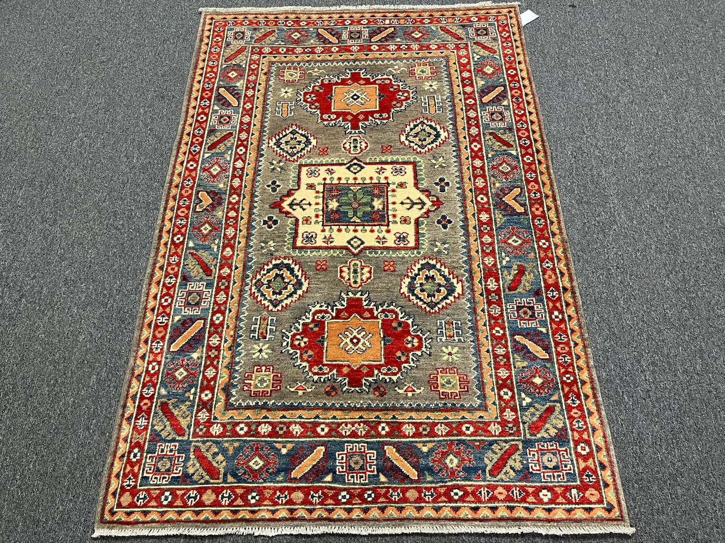 4X6 Kazak Brown/Blue Geometric Handmade Wool Rug # 12990