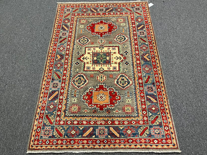 4X6 Kazak Brown/Blue Geometric Handmade Wool Rug # 12990