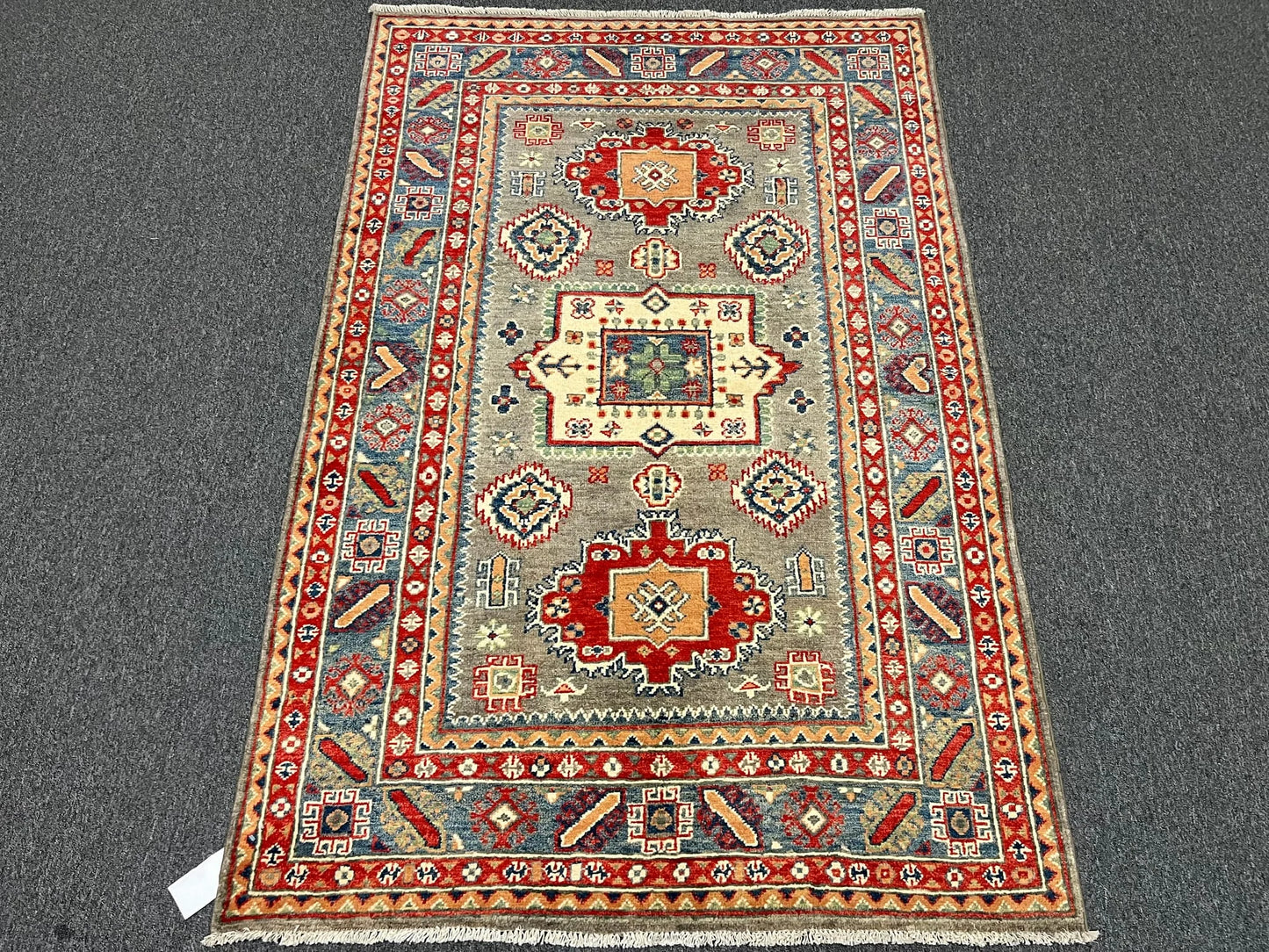 4X6 Kazak Brown/Blue Geometric Handmade Wool Rug # 12990