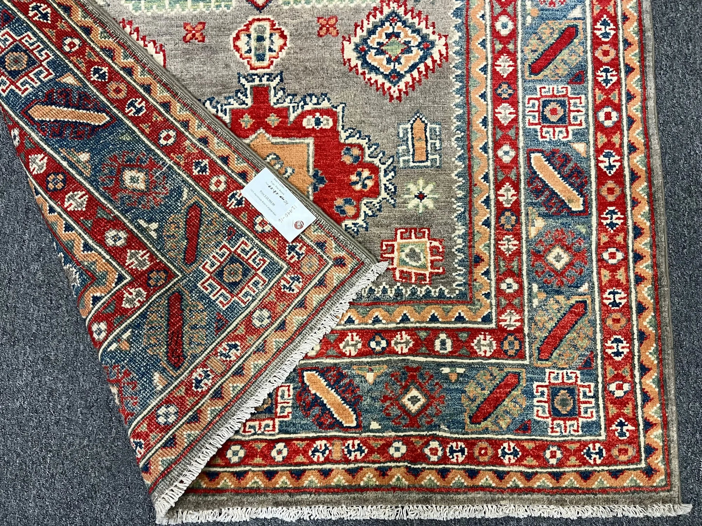 4X6 Kazak Brown/Blue Geometric Handmade Wool Rug # 12990