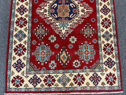 Kazak Red Geometric 4X6 Handmade Wool Rug # 13305