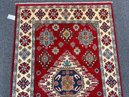 Kazak Red Geometric 4X6 Handmade Wool Rug # 13305