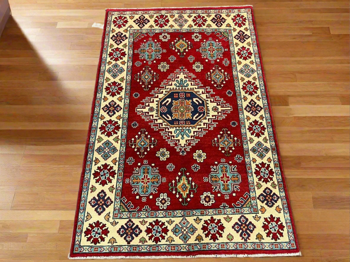 Kazak Red Geometric 4X6 Handmade Wool Rug # 13305