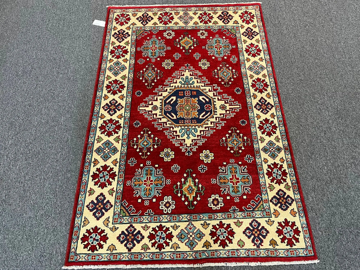 Kazak Red Geometric 4X6 Handmade Wool Rug # 13305