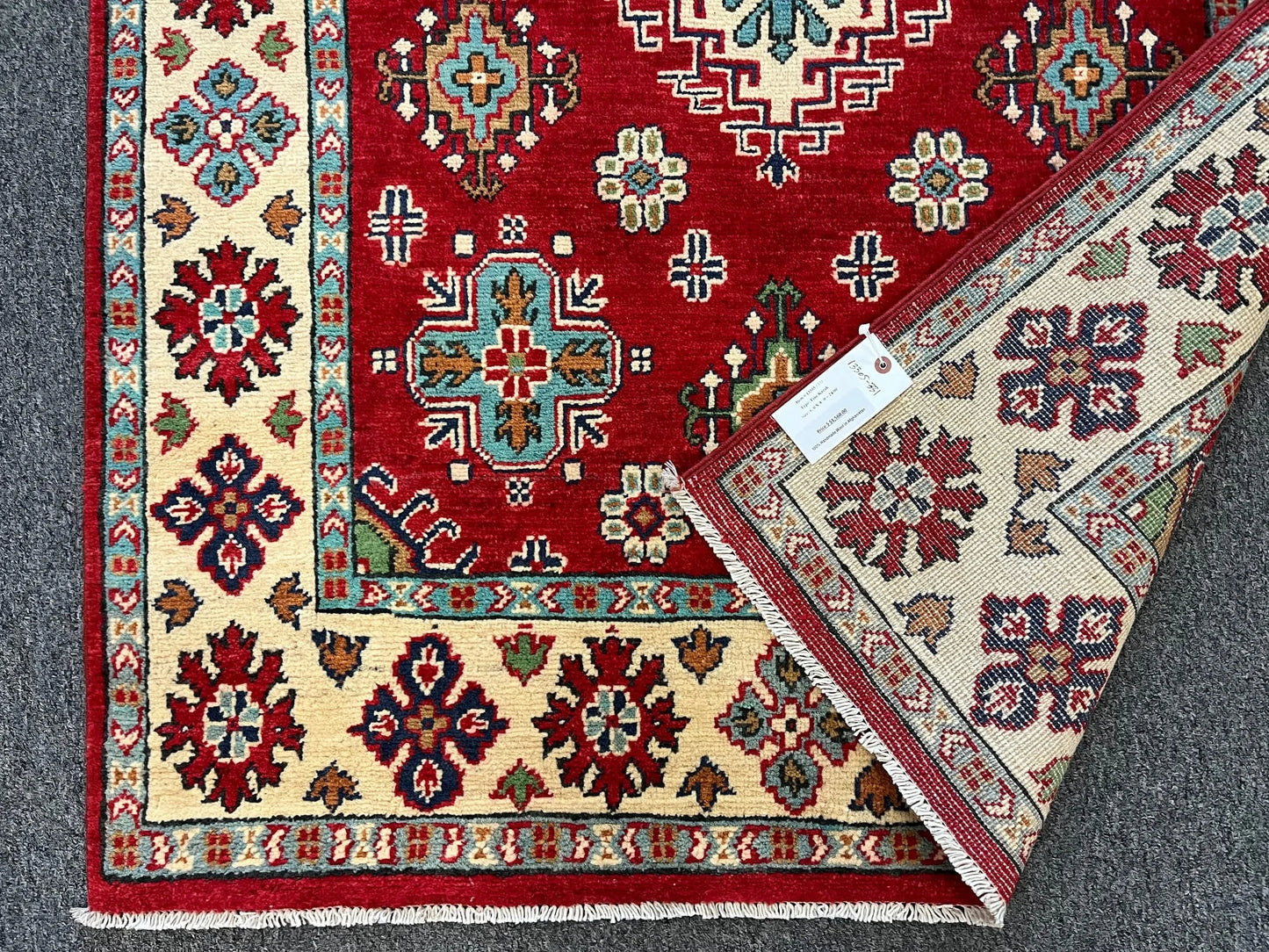 Kazak Red Geometric 4X6 Handmade Wool Rug # 13305