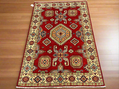 Kazak Geometric 4X6 Handmade Wool Rug # 13281