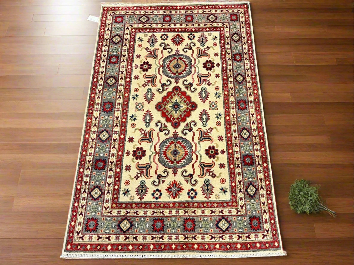 Kazak Beige Geometric 4X6 Handmade Wool Rug # 13267