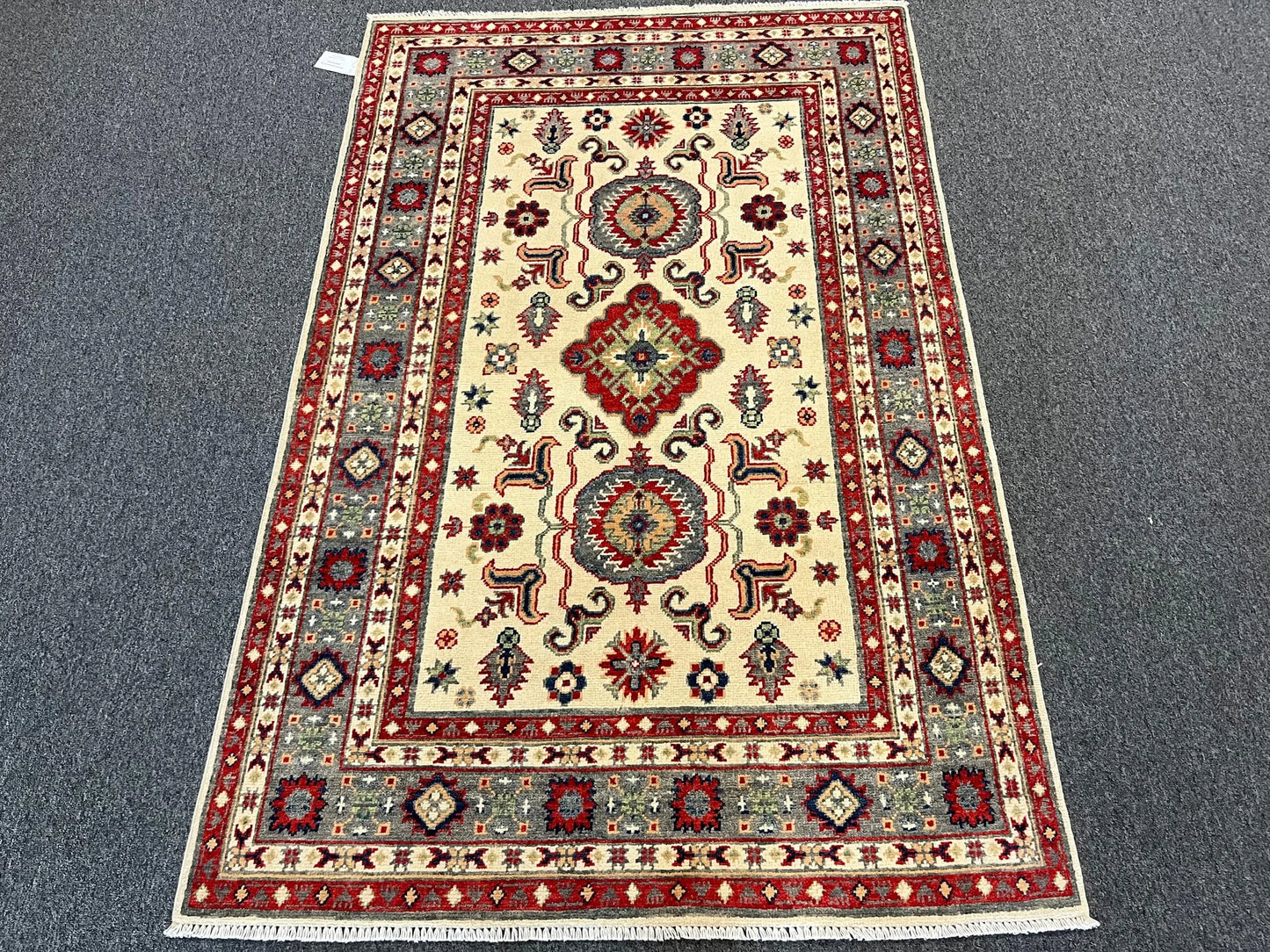 Kazak Beige Geometric 4X6 Handmade Wool Rug # 13267