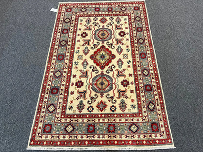 Kazak Beige Geometric 4X6 Handmade Wool Rug # 13267