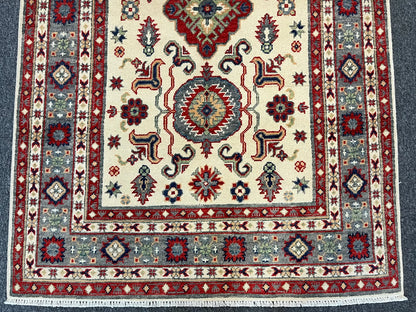 Kazak Beige Geometric 4X6 Handmade Wool Rug # 13267