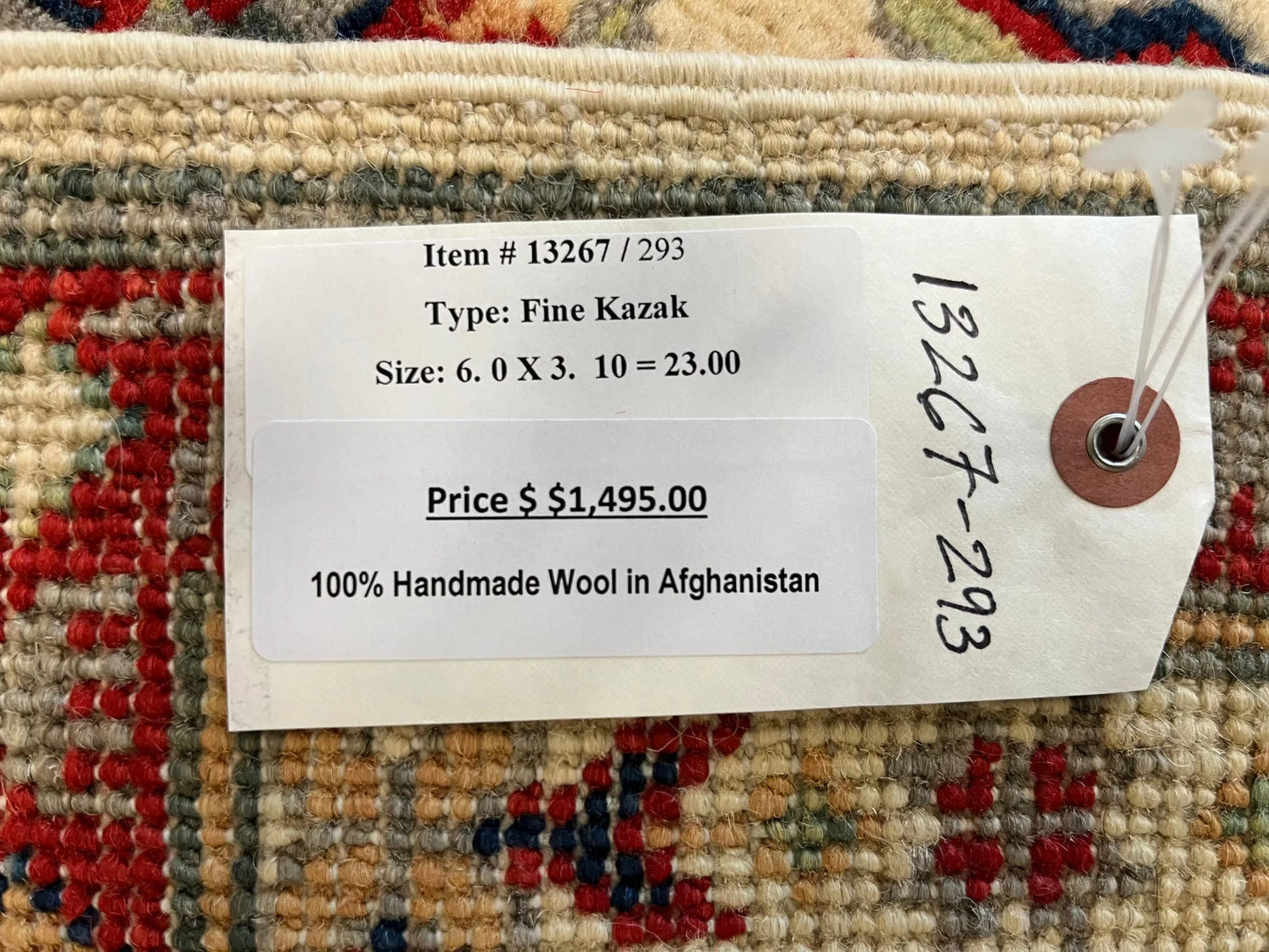 Kazak Beige Geometric 4X6 Handmade Wool Rug # 13267