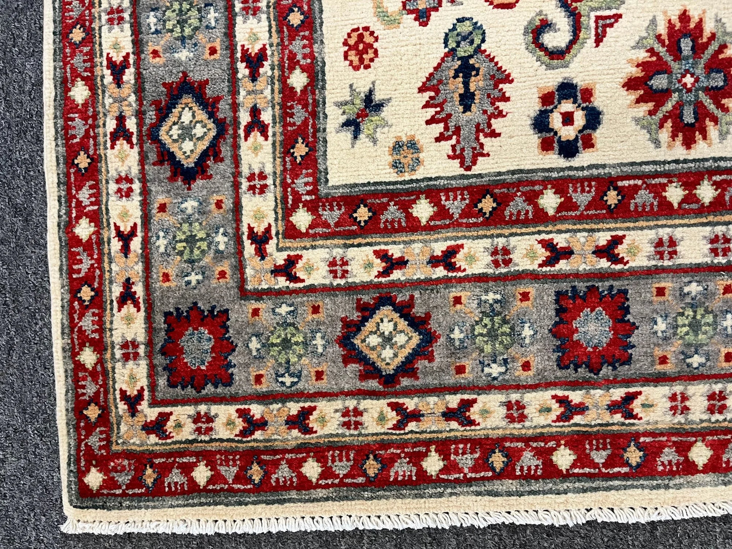 Kazak Beige Geometric 4X6 Handmade Wool Rug # 13267