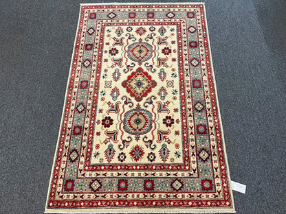 Kazak Beige Geometric 4X6 Handmade Wool Rug # 13267