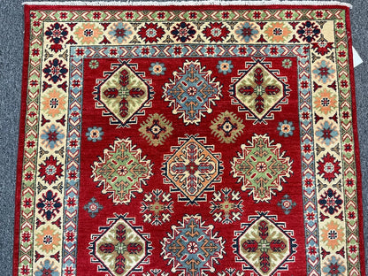 Kazak Red Geometric 4X6 Handmade Wool Rug # 12995