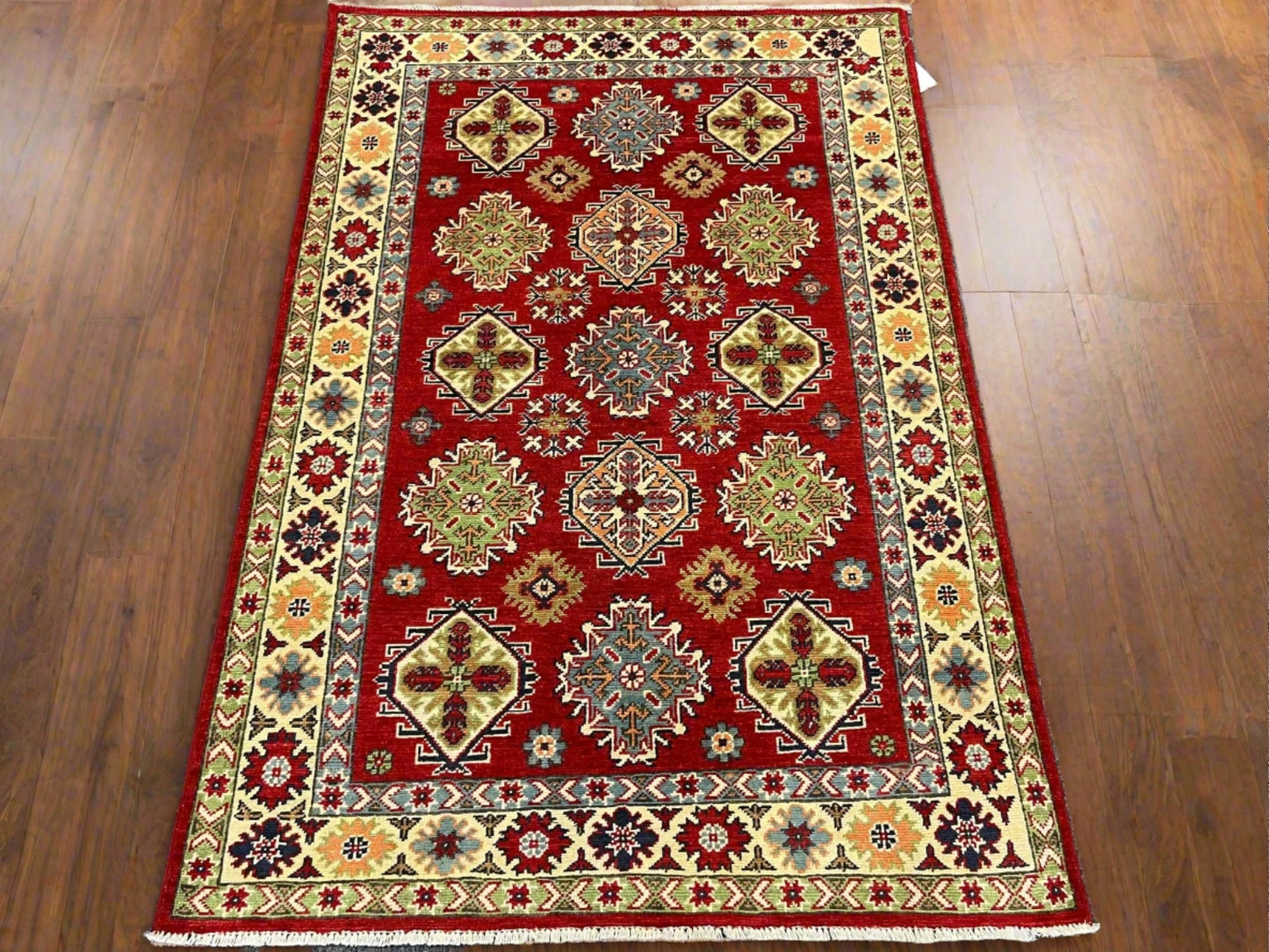 Kazak Red Geometric 4X6 Handmade Wool Rug # 12995