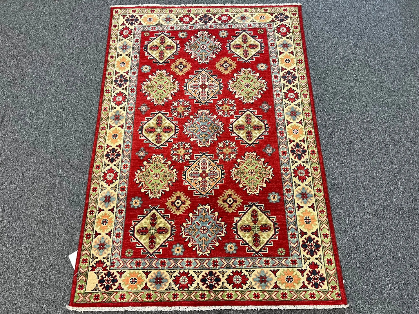 Kazak Red Geometric 4X6 Handmade Wool Rug # 12995