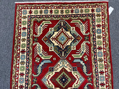 Kazak Dark Red Geometric 4X6 Handmade Wool Rug # 12994