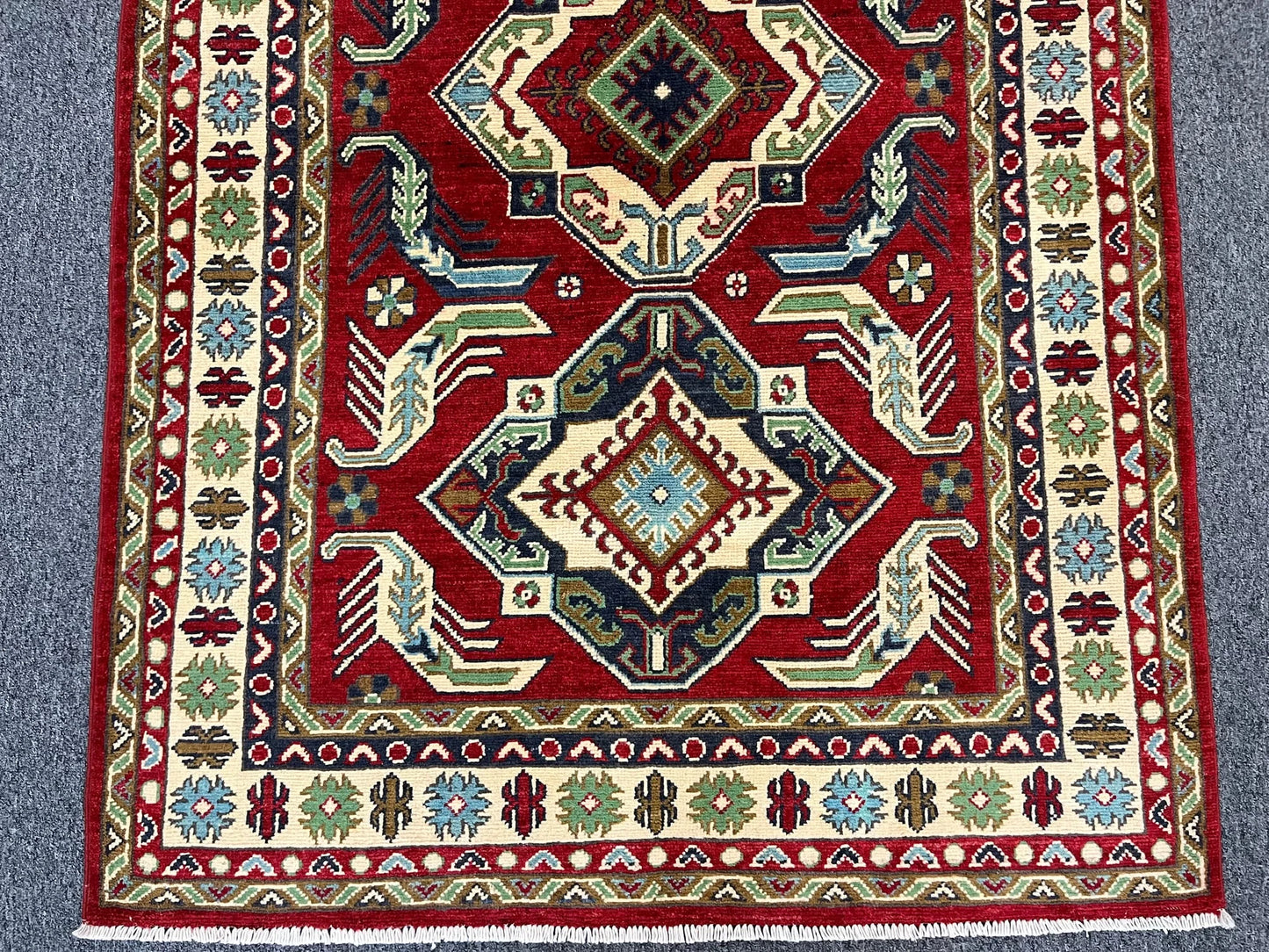 Kazak Dark Red Geometric 4X6 Handmade Wool Rug # 12994