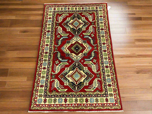 Kazak Dark Red Geometric 4X6 Handmade Wool Rug # 12994