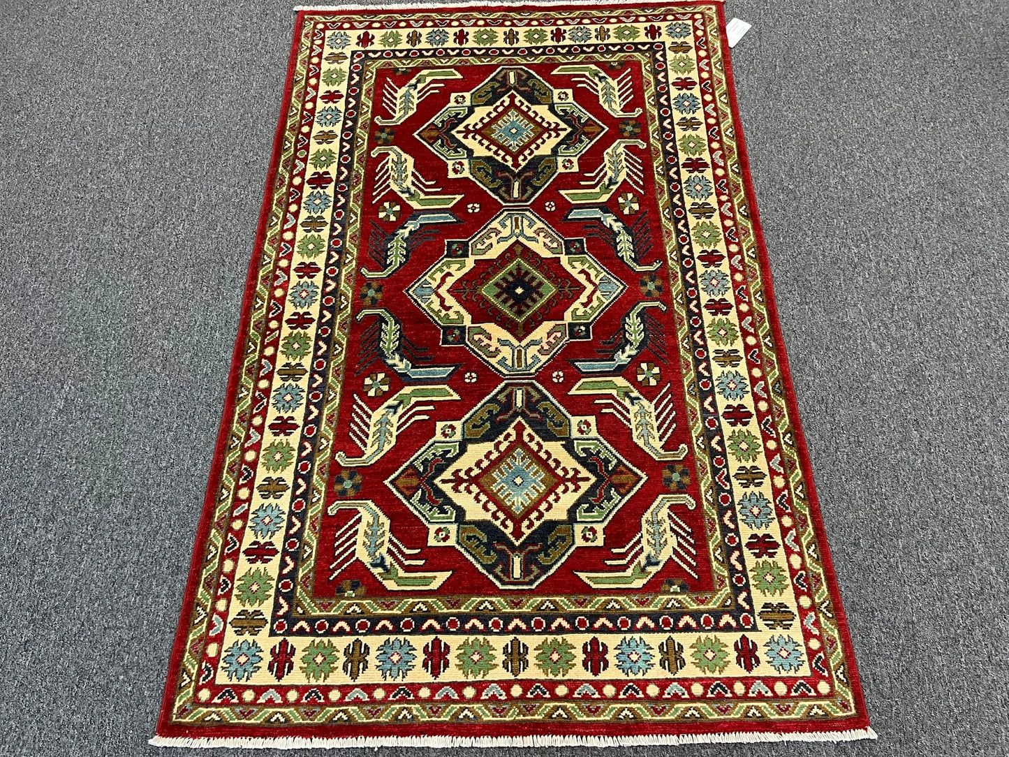 Kazak Dark Red Geometric 4X6 Handmade Wool Rug # 12994