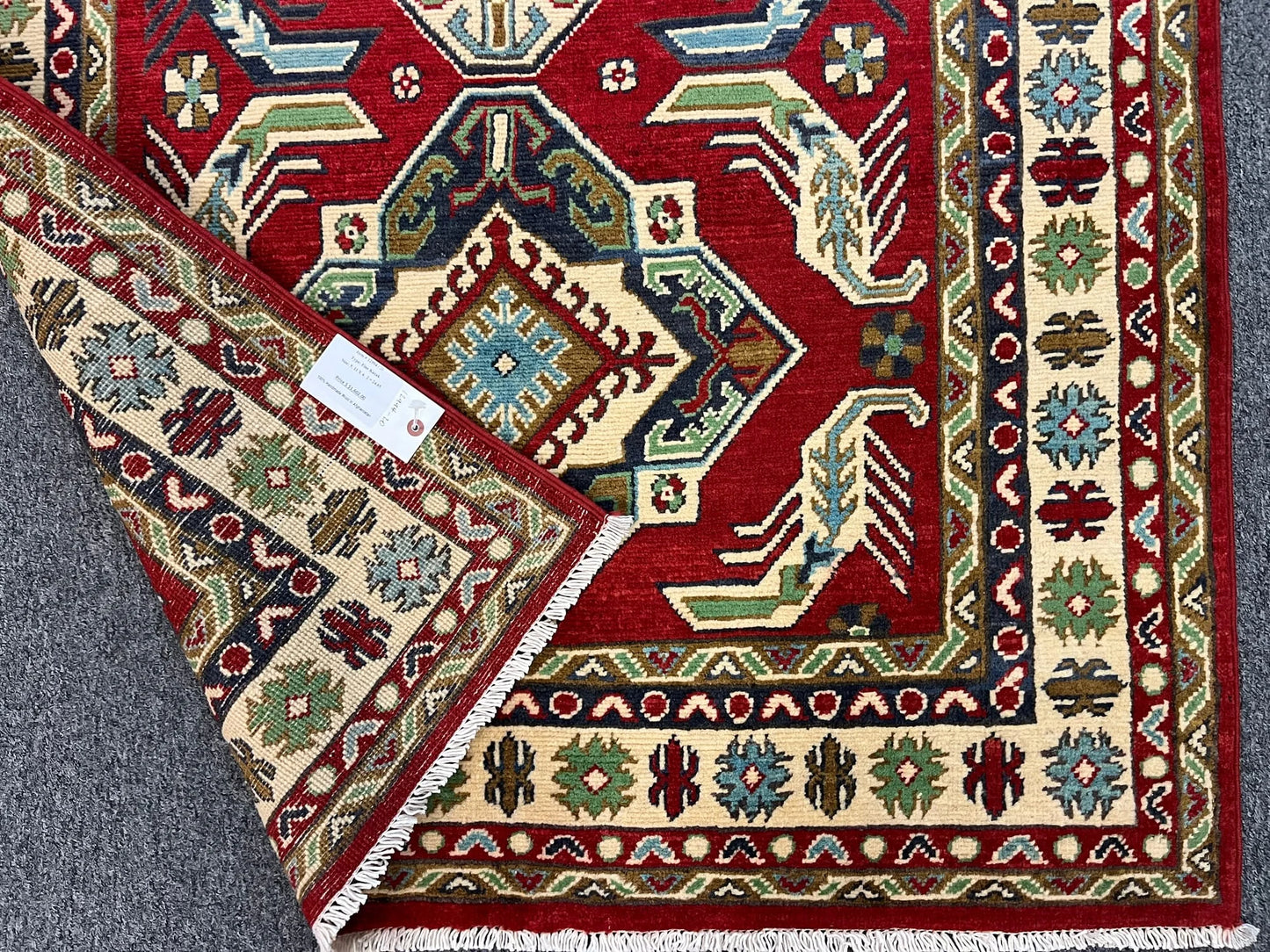 Kazak Dark Red Geometric 4X6 Handmade Wool Rug # 12994