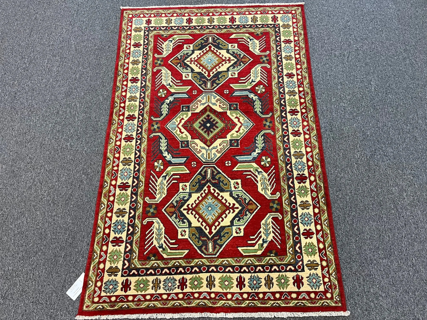 Kazak Dark Red Geometric 4X6 Handmade Wool Rug # 12994