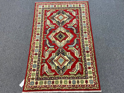 Kazak Dark Red Geometric 4X6 Handmade Wool Rug # 12994