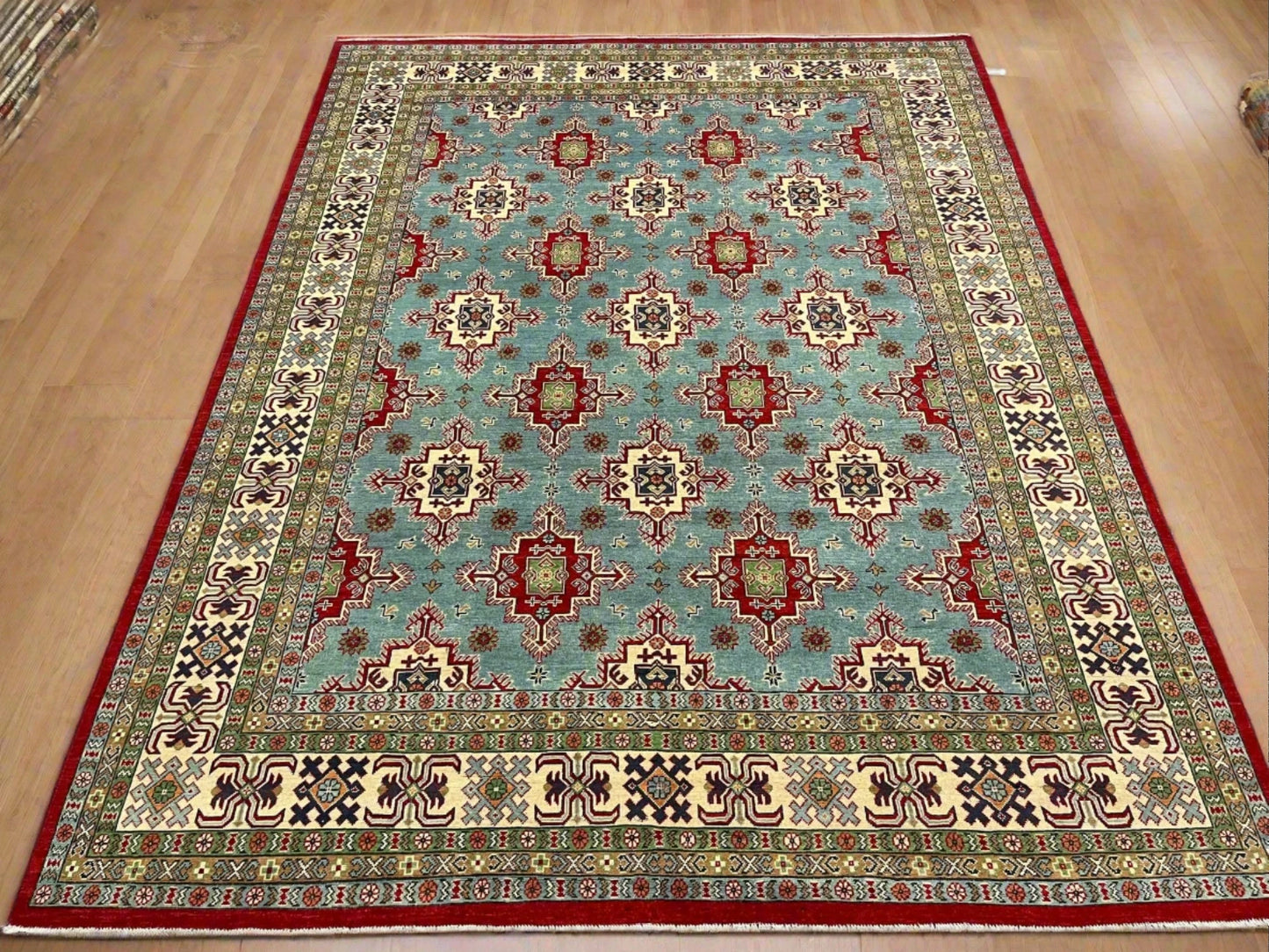 Kazak Light Blue 9X12 Handmade Wool Rug # 13048